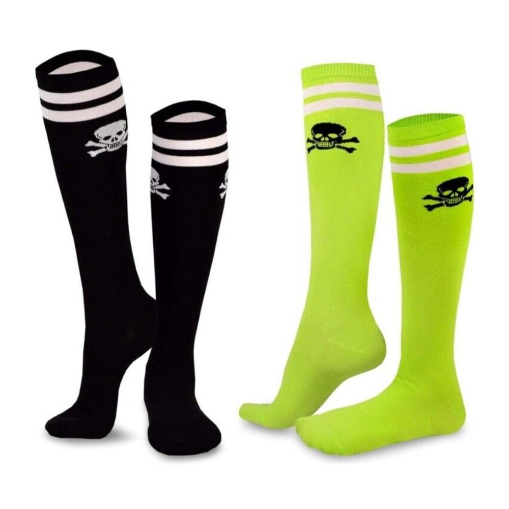 TeeHee Novelty Women's Socks 2 Pairs Knee High Skulls Bones ,Black & Green New